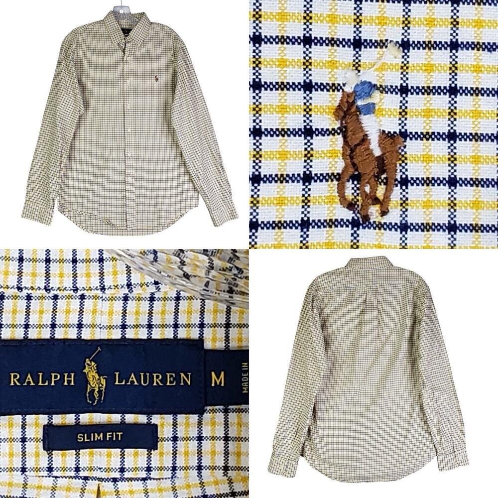 Polo Ralph Lauren Oxford Shirt Mens Size Medium M Button Down Yellow Blue Plaid